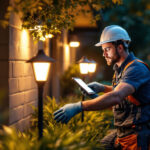 A photograph of a lighting contractor installing or inspecting solar-powered lights in a residential or commercial outdoor setting