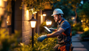 A photograph of a lighting contractor installing or inspecting solar-powered lights in a residential or commercial outdoor setting