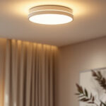 A photograph of a modern flush ceiling lamp elegantly installed in a stylishly decorated room