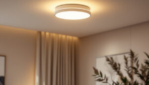 A photograph of a modern flush ceiling lamp elegantly installed in a stylishly decorated room