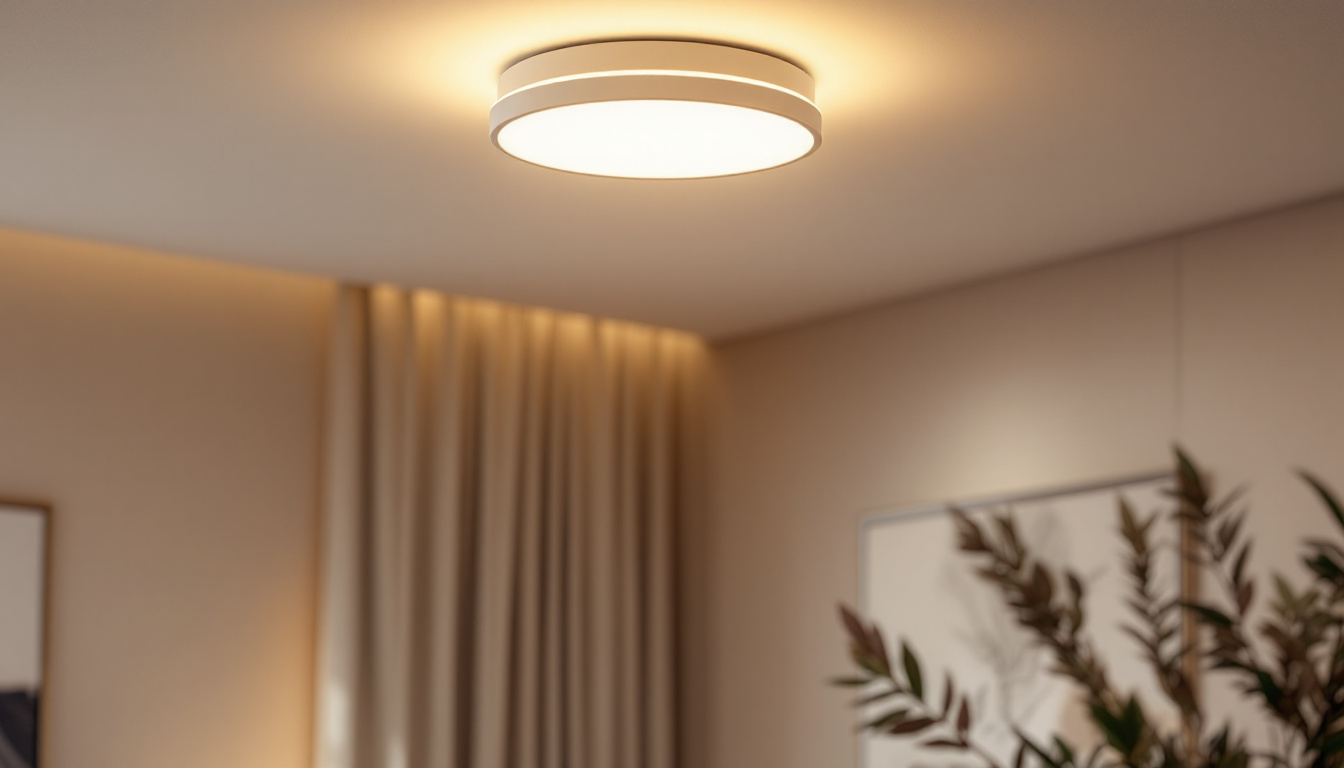A photograph of a modern flush ceiling lamp elegantly installed in a stylishly decorated room
