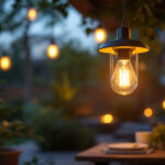 A photograph of a beautifully designed outdoor hanging light illuminating a cozy outdoor space