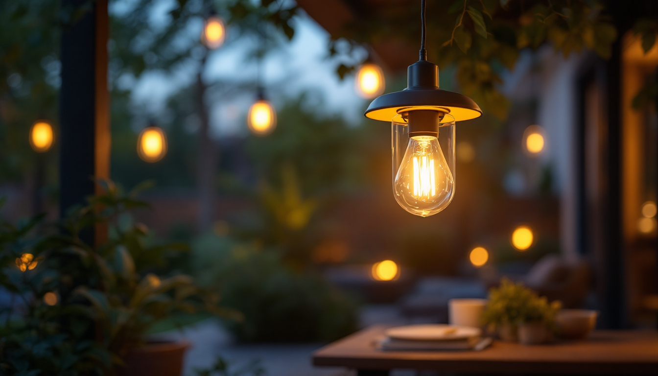 A photograph of a beautifully designed outdoor hanging light illuminating a cozy outdoor space