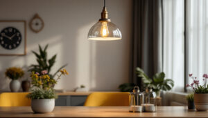 A photograph of a stylishly designed hanging pendant light in a well-decorated interior setting