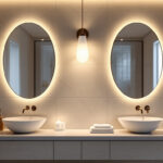 A photograph of a beautifully lit bathroom wall featuring stylish lighting fixtures that highlight the design and ambiance