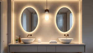 A photograph of a beautifully lit bathroom wall featuring stylish lighting fixtures that highlight the design and ambiance