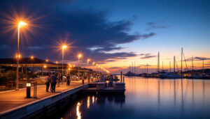 A photograph of a well-lit dock scene at dusk