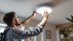 A photograph of a lighting contractor installing led recessed lights in a modern home setting