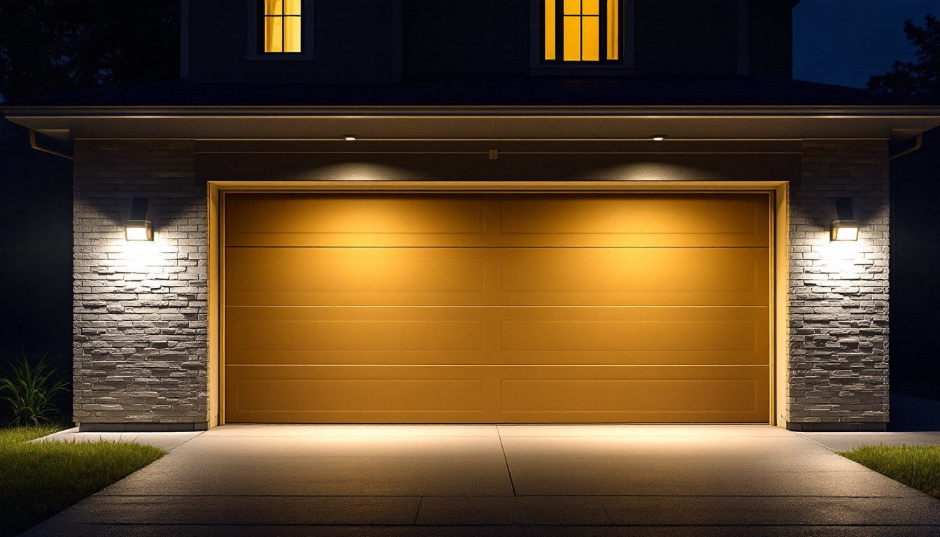 A photograph of a well-lit garage exterior showcasing various outdoor lighting options
