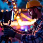 A photograph of a lighting contractor expertly installing up lights at a beautifully illuminated outdoor event