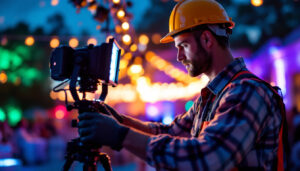 A photograph of a lighting contractor expertly installing up lights at a beautifully illuminated outdoor event
