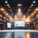 A photograph of a well-lit warehouse interior showcasing various types of lighting fixtures in use