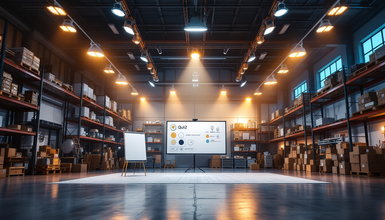 A photograph of a well-lit warehouse interior showcasing various types of lighting fixtures in use