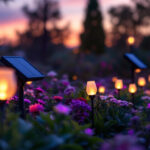 A photograph of capture a photograph of a beautifully illuminated garden at dusk