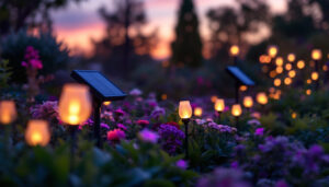 A photograph of capture a photograph of a beautifully illuminated garden at dusk