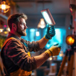 A photograph of a skilled lighting contractor in action