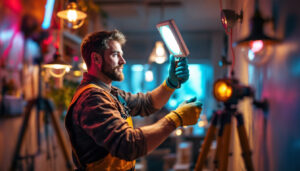 A photograph of a skilled lighting contractor in action