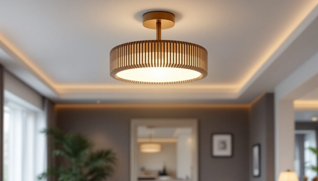 A photograph of a stylish modern ceiling light fixture installed in a contemporary living space