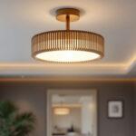 A photograph of a stylish modern ceiling light fixture installed in a contemporary living space