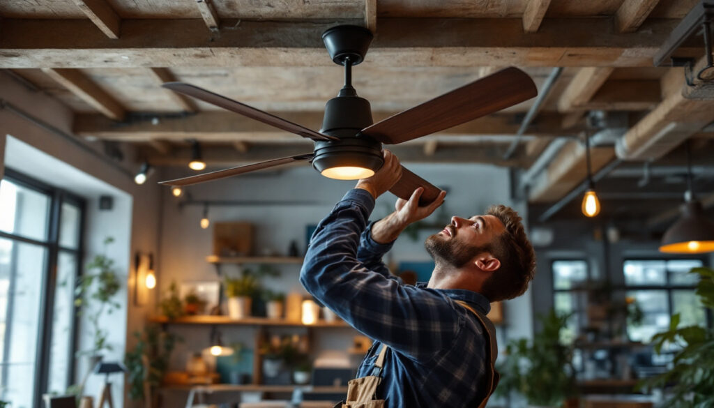A photograph of a lighting contractor expertly installing a stylish commercial ceiling fan in a modern workspace