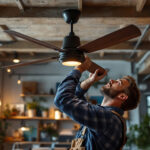 A photograph of a lighting contractor expertly installing a stylish commercial ceiling fan in a modern workspace