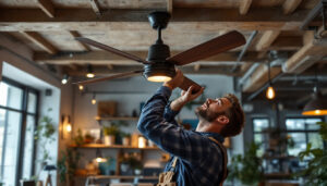 A photograph of a lighting contractor expertly installing a stylish commercial ceiling fan in a modern workspace