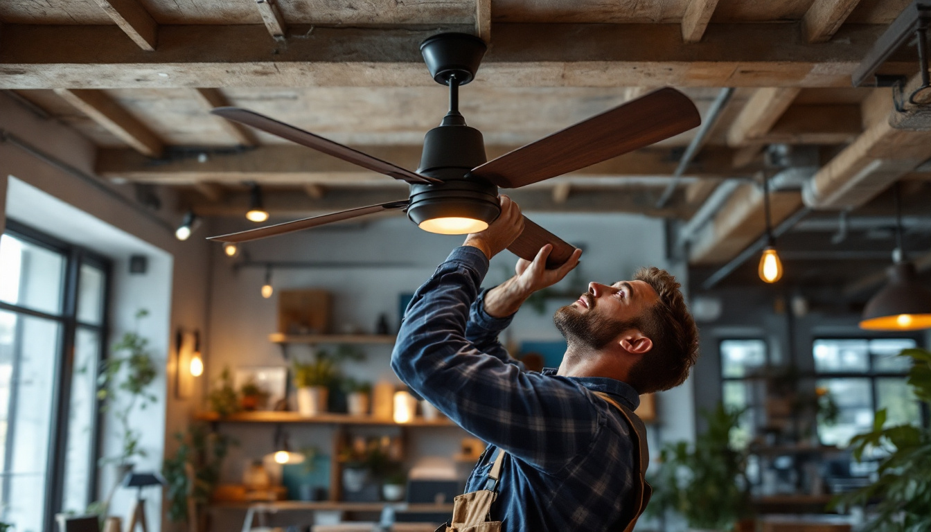 A photograph of a lighting contractor expertly installing a stylish commercial ceiling fan in a modern workspace