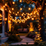 A photograph of a beautifully illuminated backyard scene at dusk