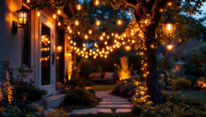 A photograph of a beautifully illuminated backyard scene at dusk