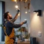 A photograph of a lighting contractor installing motion sensor lights in a stylish indoor setting