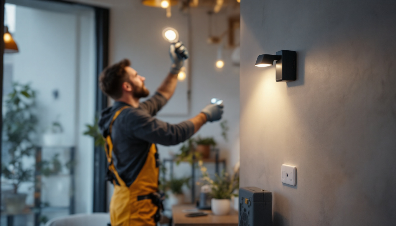 A photograph of a lighting contractor installing motion sensor lights in a stylish indoor setting