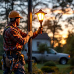 A photograph of a lighting contractor installing a yard light pole in a residential setting