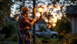 A photograph of a lighting contractor installing a yard light pole in a residential setting