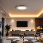 A photograph of a well-lit room showcasing various 4-inch recessed lighting fixtures installed in a modern setting