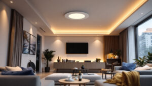 A photograph of a well-lit room showcasing various 4-inch recessed lighting fixtures installed in a modern setting