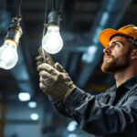 A photograph of a lighting contractor in action