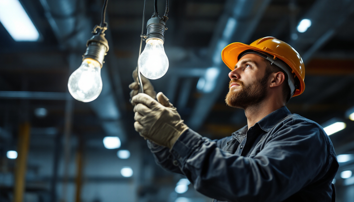A photograph of a lighting contractor in action