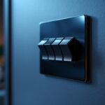 A photograph of a close-up shot of a three-way toggle switch in an elegant lighting installation