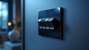 A photograph of a close-up shot of a three-way toggle switch in an elegant lighting installation