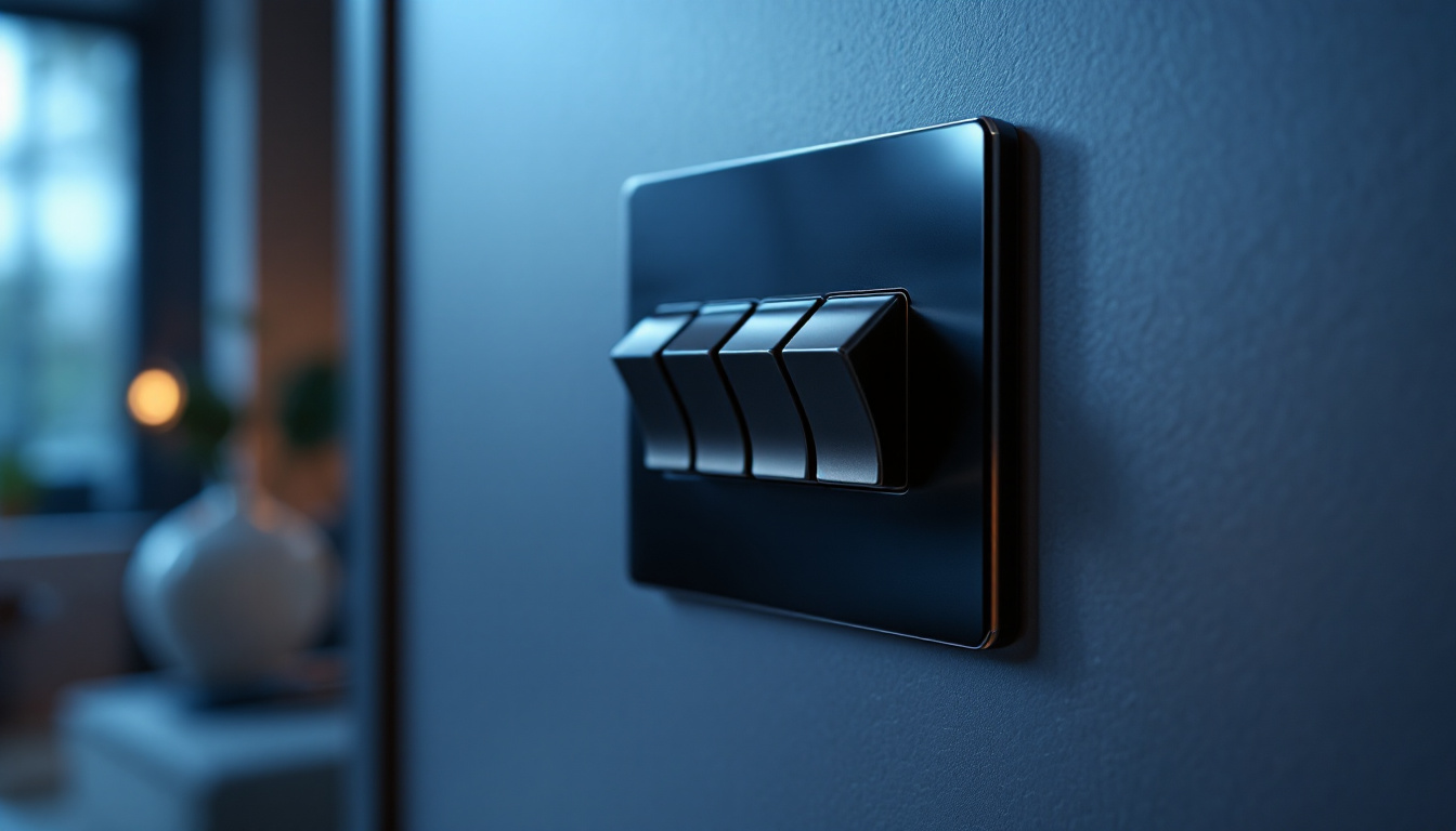 A photograph of a close-up shot of a three-way toggle switch in an elegant lighting installation