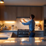 A photograph of a well-designed kitchen featuring stylish led under cabinet lighting
