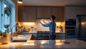 A photograph of a well-designed kitchen featuring stylish led under cabinet lighting