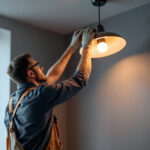 A photograph of a stylish ceiling lamp installed in a modern interior setting
