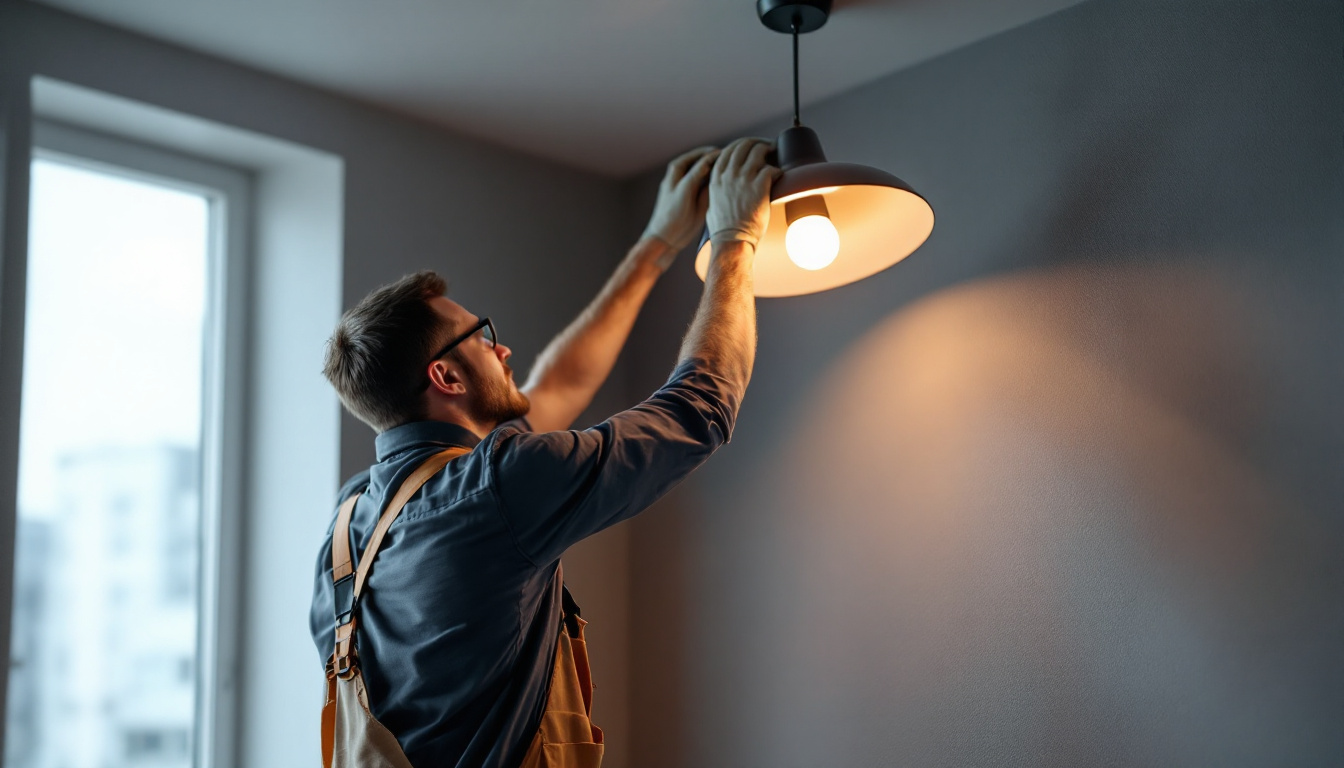 A photograph of a stylish ceiling lamp installed in a modern interior setting
