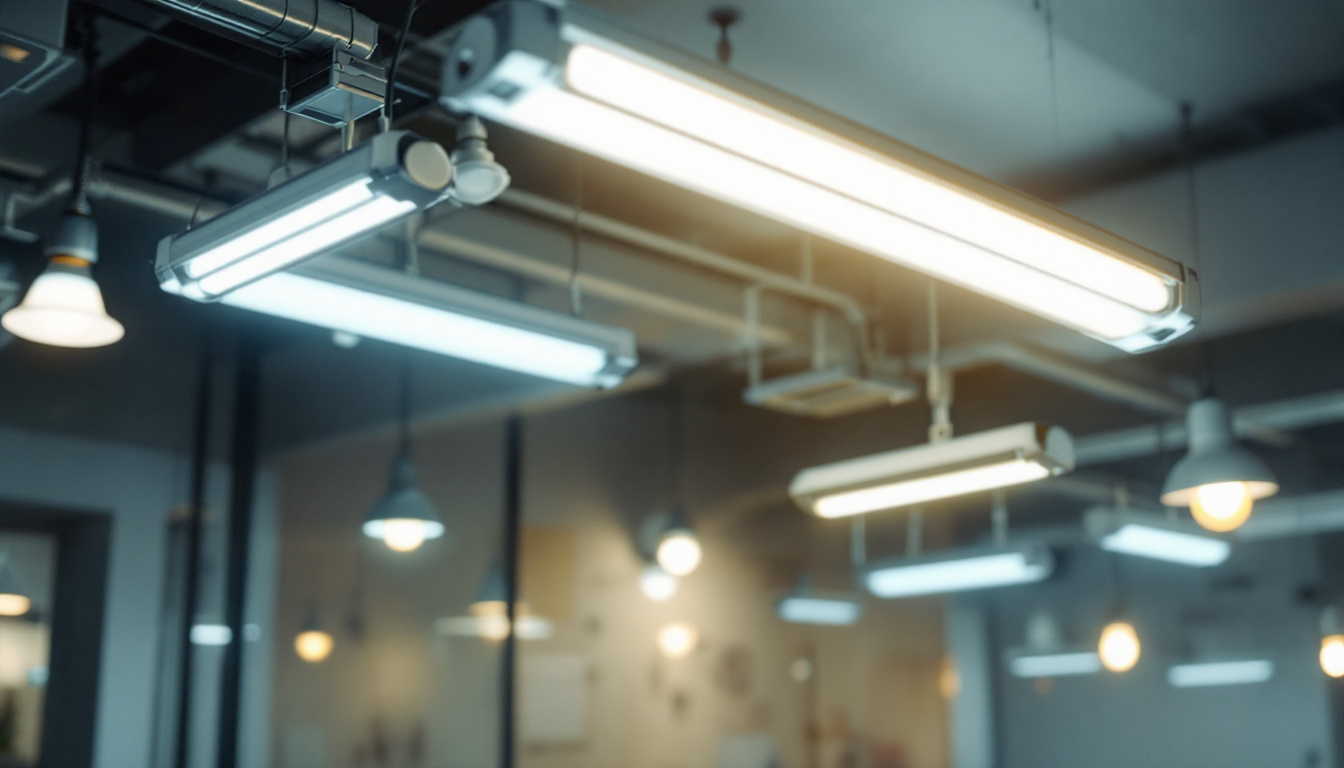 A photograph of a brightly lit room showcasing various fluorescent lamps in use