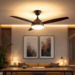 A photograph of a modern ceiling fan light fixture elegantly illuminated in a stylishly designed room