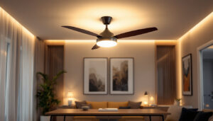 A photograph of a modern ceiling fan light fixture elegantly illuminated in a stylishly designed room