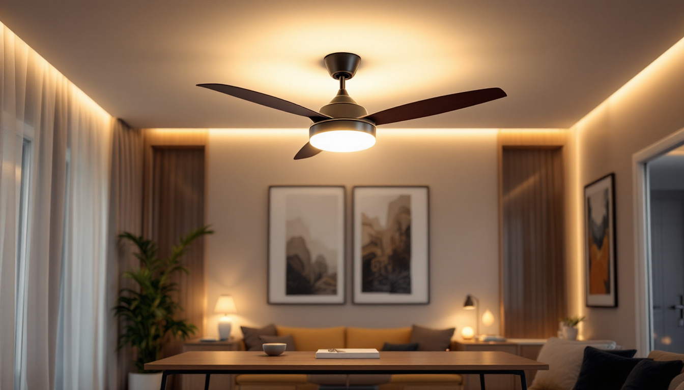 A photograph of a modern ceiling fan light fixture elegantly illuminated in a stylishly designed room