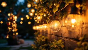 A photograph of a beautifully lit outdoor space showcasing a variety of decorative lights in use