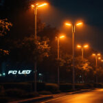 A photograph of a well-lit urban street scene featuring modern led street lamps illuminating the area